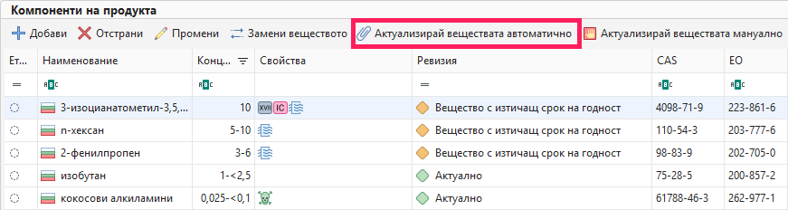 Актуализирай веществата автоматично