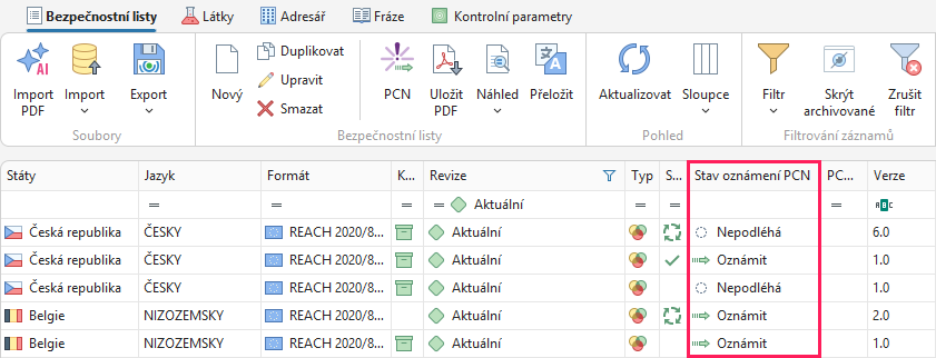 Sloupec Oznámit