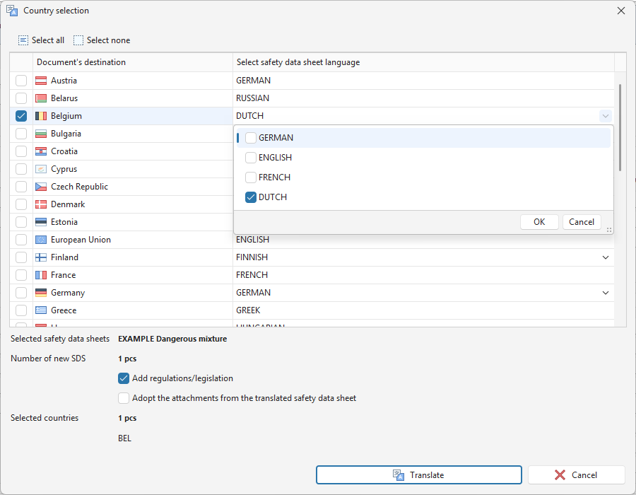 Language selection for translation