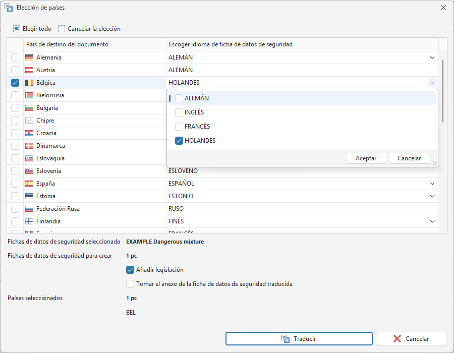 Selección de idiomas para la traducción