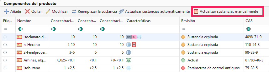 Actualizar sustancias manualmente