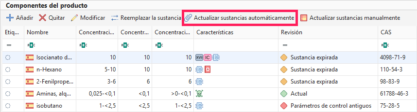 Actualizar sustancias automáticamente