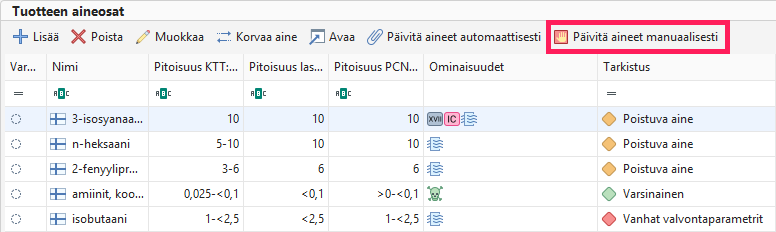 Päivitä aineet manuaalisesti
