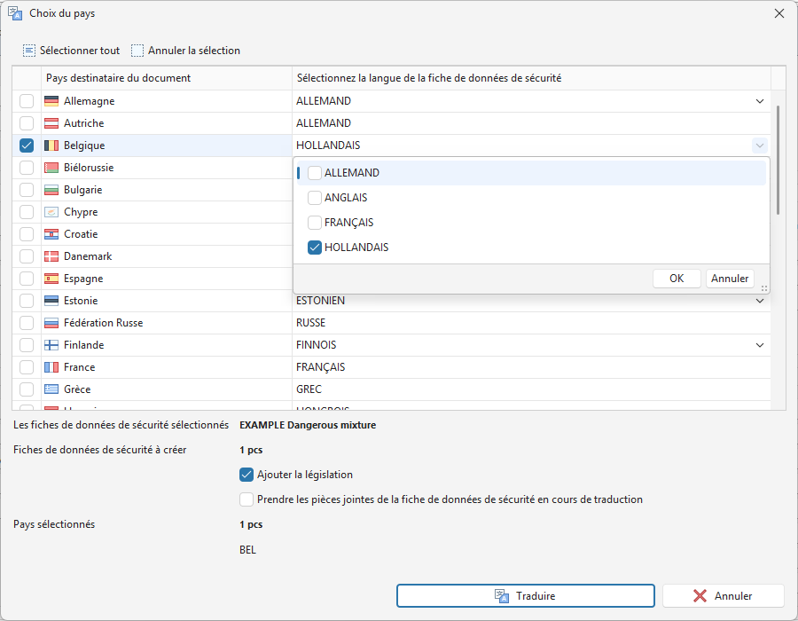 Choix des langues pour la traduction