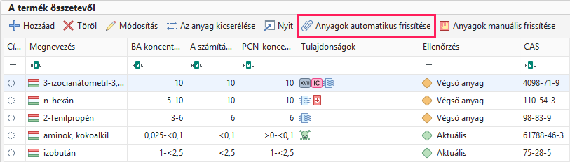 Anyagok automatikus frissítése
