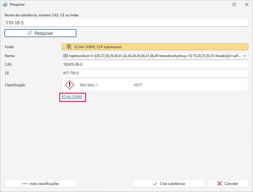 Ligação para o sítio Web ECHA CHEM