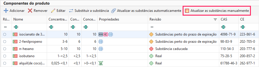 Atualizar as substâncias manualmente