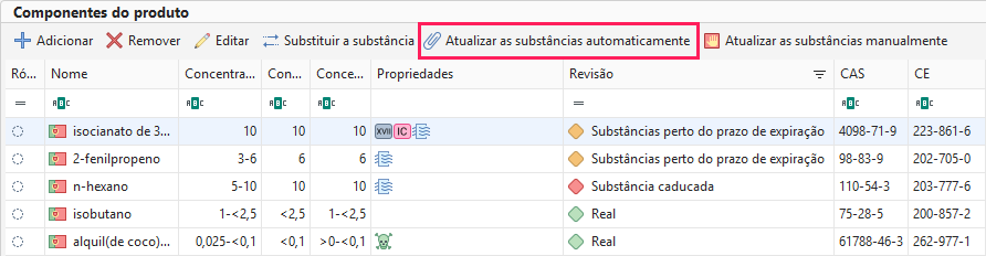Atualizar as substâncias automaticamente