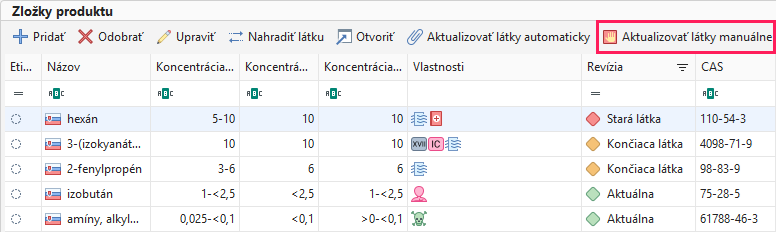 Aktualizovať látky manuálne